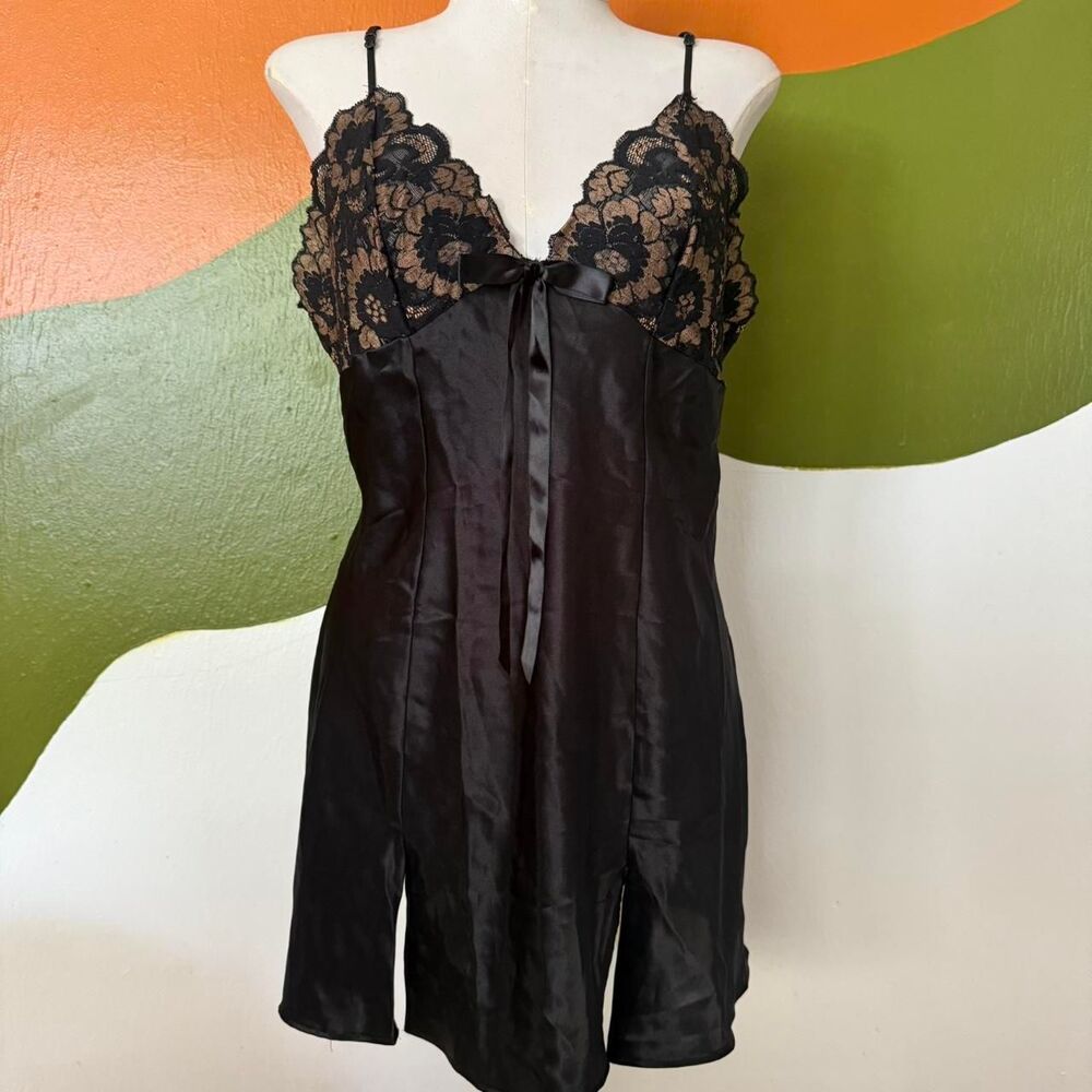 Vtg Y2K Black Satin Lace Slip Dress Lingerie Nightgown Chemise Babydoll top sz L